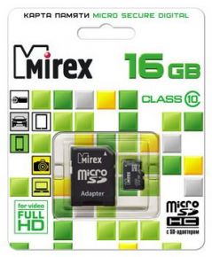 MicroSDHC 16 Gb MIREX class 10 + адаптер SD Mirex